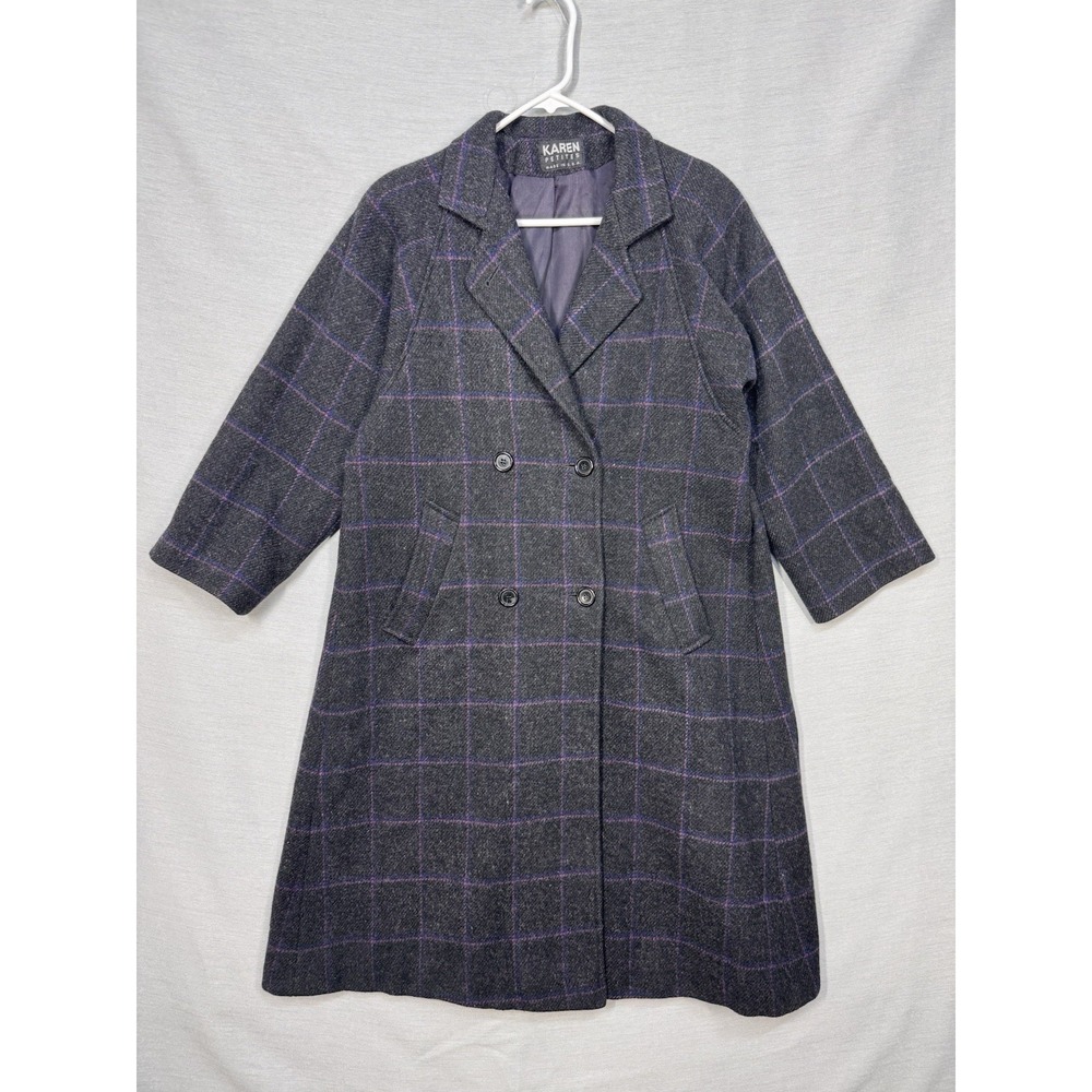 VTG Karen Petites Womens Long Trench Overcoat Sz M Plaid 100% Wool Made In USA